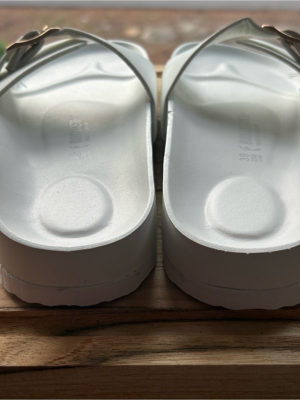 White Birkenstock Madrid Big Buckle EVA sandals with gold-toned buckles. - Picture 9 of 9